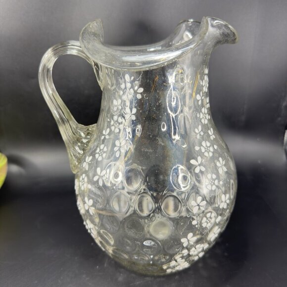 Antique Enameled Glass Pitcher Jug Hand Blown Optic Dot Manganese 365nm Green UV - Picture 16 of 16